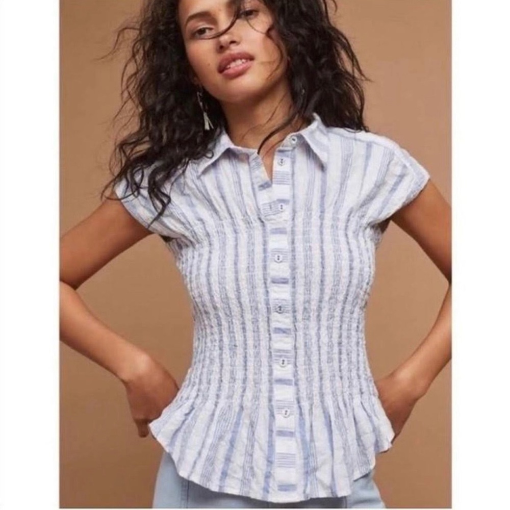 Anthropologie Blue and White Striped Short Sleeve Top